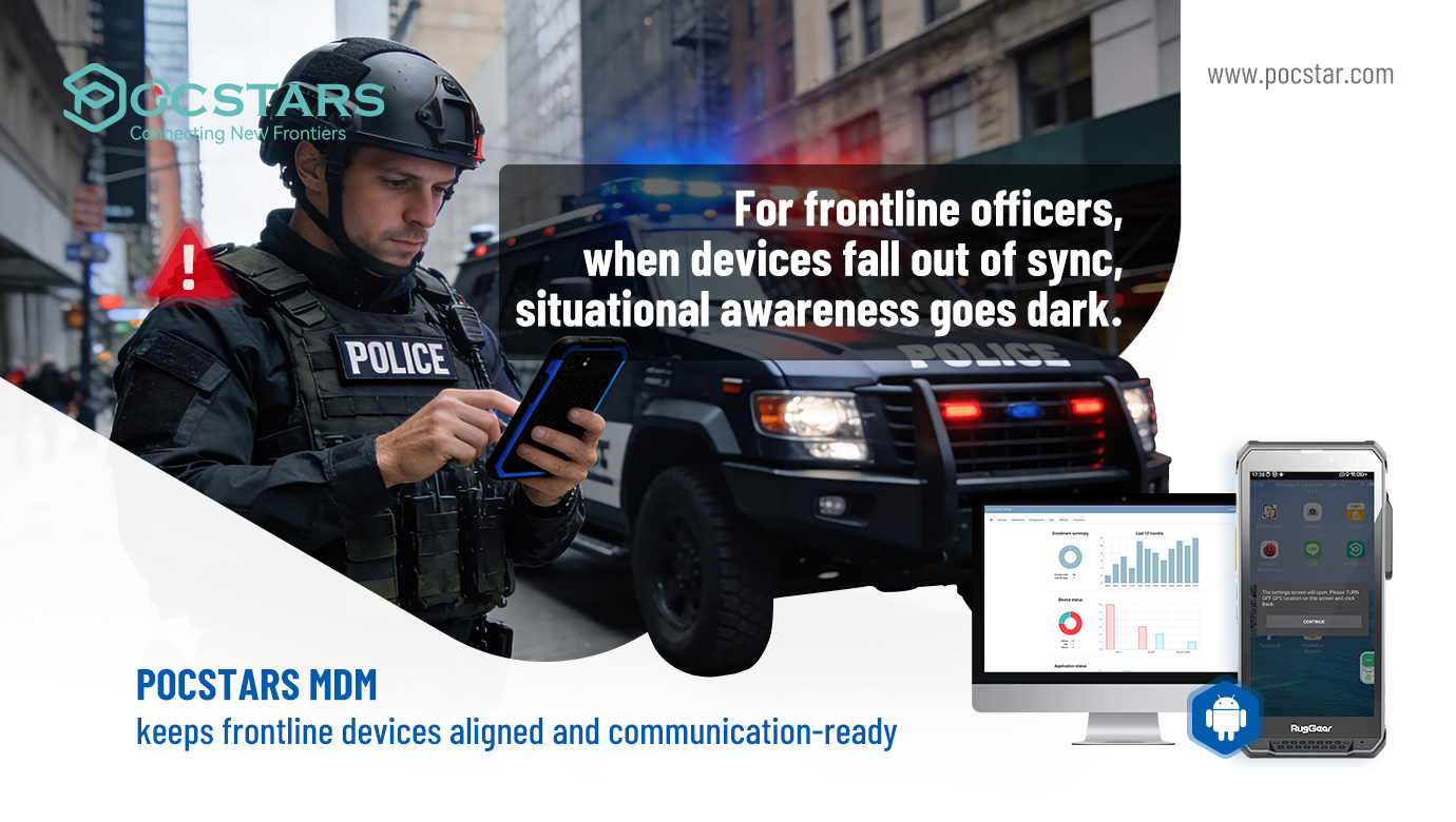Public safety officer holding a rugged device with an alert icon, representing device drift risk and frontline readiness